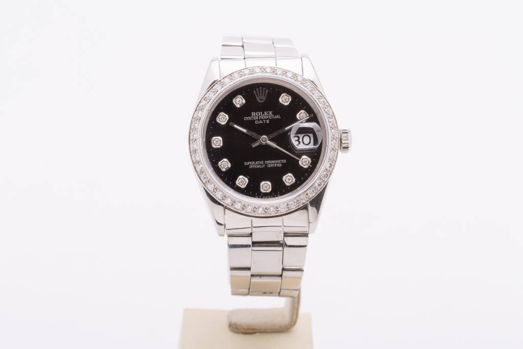 Rolex Rolex Stainless Steel Oyster Perpetual Date Diamond Dial and Bezel Black Face