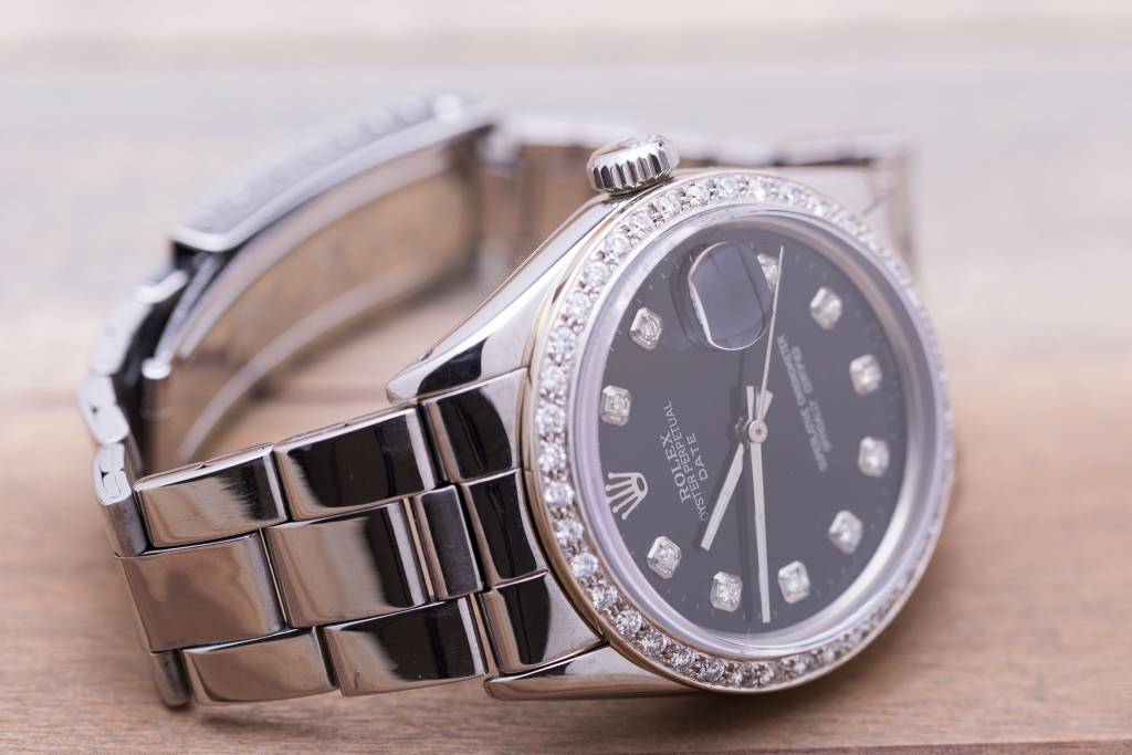 Rolex Rolex Stainless Steel Oyster Perpetual Date Diamond Dial and Bezel Black Face