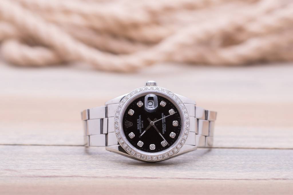 Rolex Rolex Stainless Steel Oyster Perpetual Date Diamond Dial and Bezel Black Face