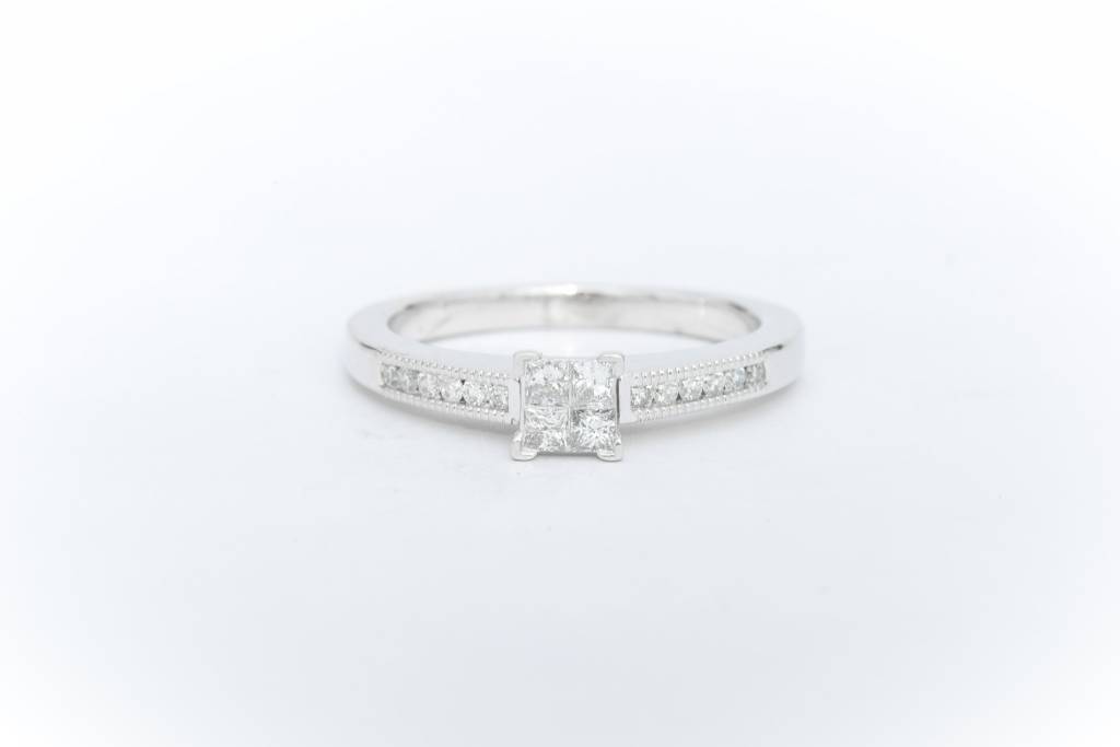 Quad Diamond Princess Cut Engagement Ring White Gold 14k