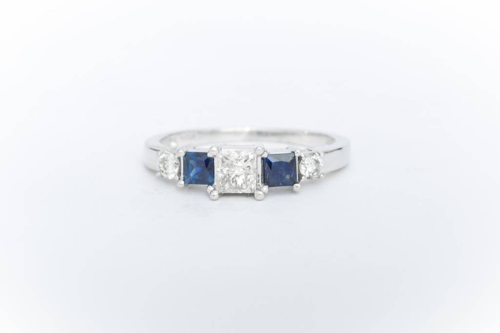 Princess Cut Diamond and Blue Sapphire Ring White Gold 14k