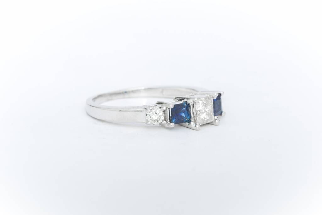 Princess Cut Diamond and Blue Sapphire Ring White Gold 14k