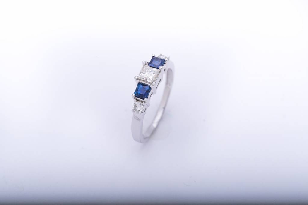 Princess Cut Diamond and Blue Sapphire Ring White Gold 14k