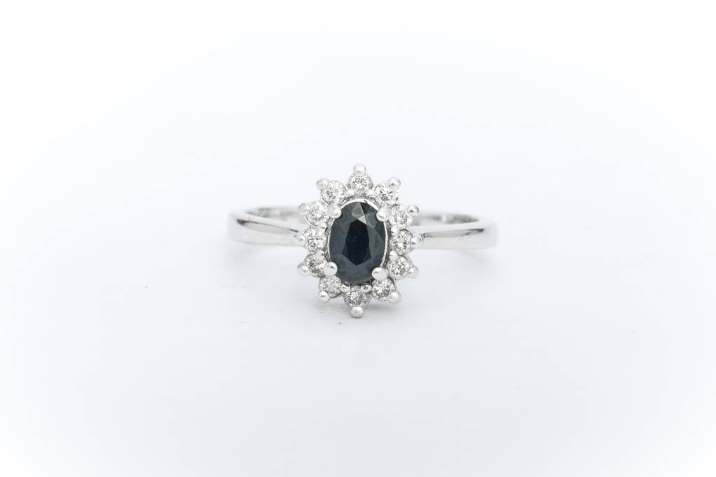 Blue Sapphire and Diamond Ring White Gold 14k