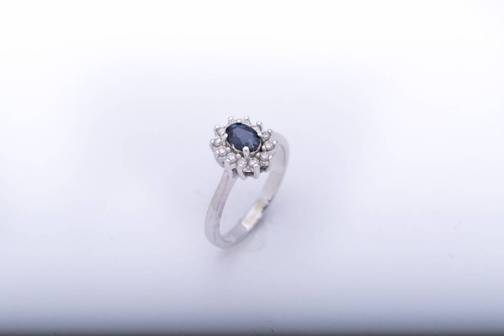 Blue Sapphire and Diamond Ring White Gold 14k