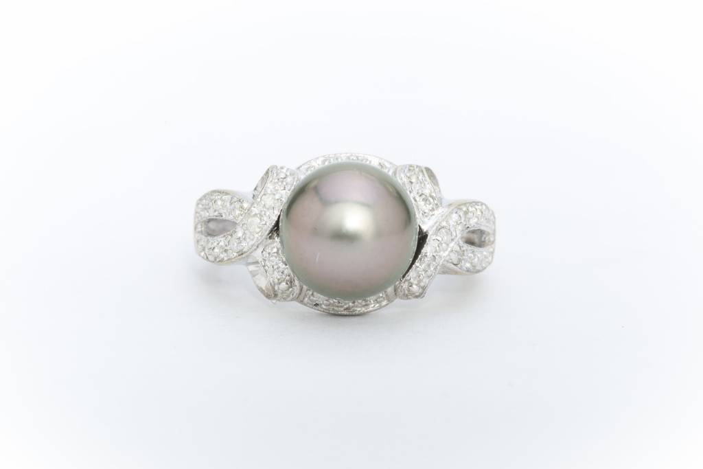Black Pearl Diamond Ring White Gold 14k