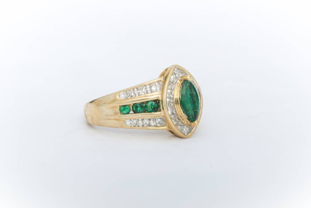 Emerald and Diamond Marquise Cut Ring Yellow Gold 14k