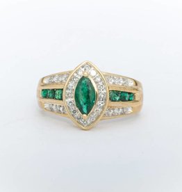 Emerald and Diamond Marquise Cut Ring Yellow Gold 14k