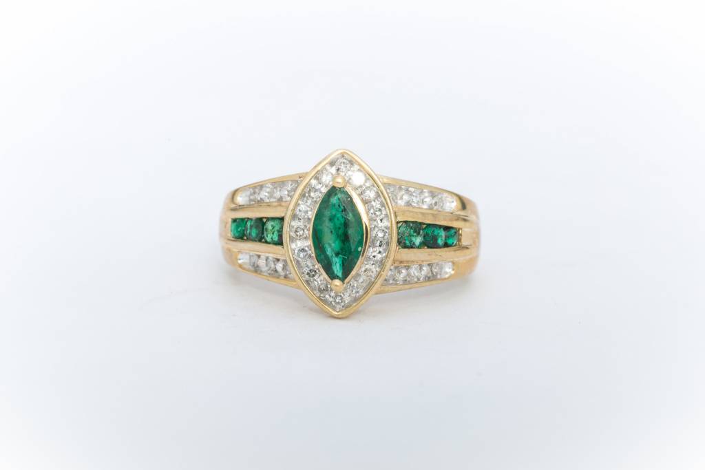Emerald and Diamond Marquise Cut Ring Yellow Gold 14k
