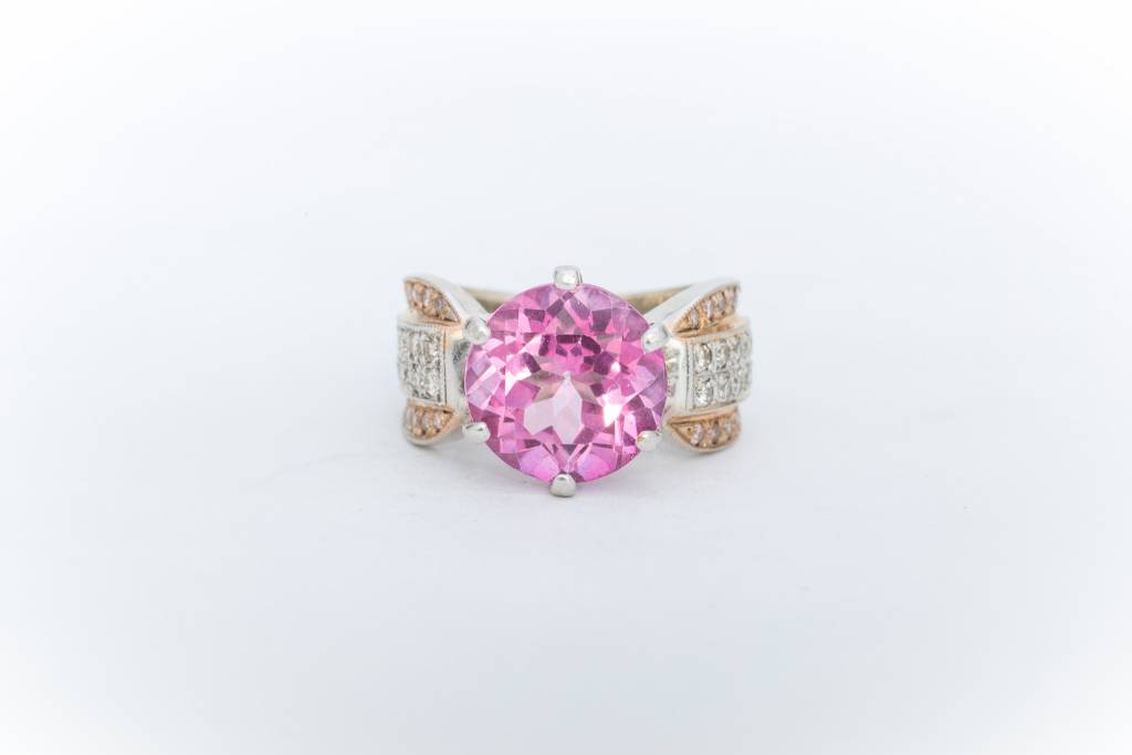 Pink Tourmaline and Diamond Ring Yellow Gold 14k