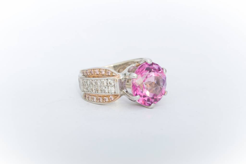 Pink Tourmaline and Diamond Ring Yellow Gold 14k