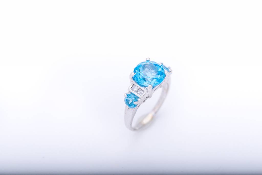 3 Stone Aquamarine and Diamond Ring White Gold 14k