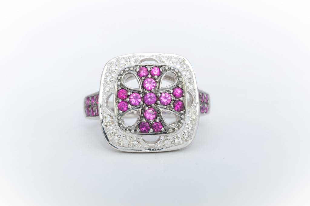 Pink Sapphire And Diamond Cross Ring White Gold 14k