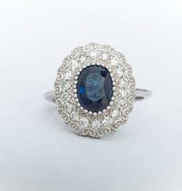 Diamond Framed Blue Sapphire Ring White Gold 14k