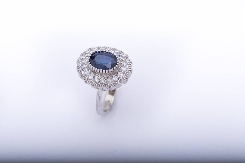 Diamond Framed Blue Sapphire Ring White Gold 14k