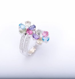 Multi Colored Gemstone Flower Ring White Gold 14k