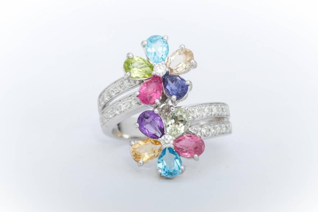 Multi Colored Gemstone Flower Ring White Gold 14k