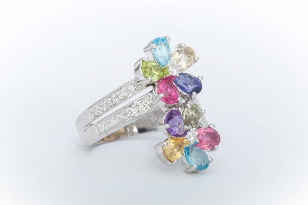 Multi Colored Gemstone Flower Ring White Gold 14k