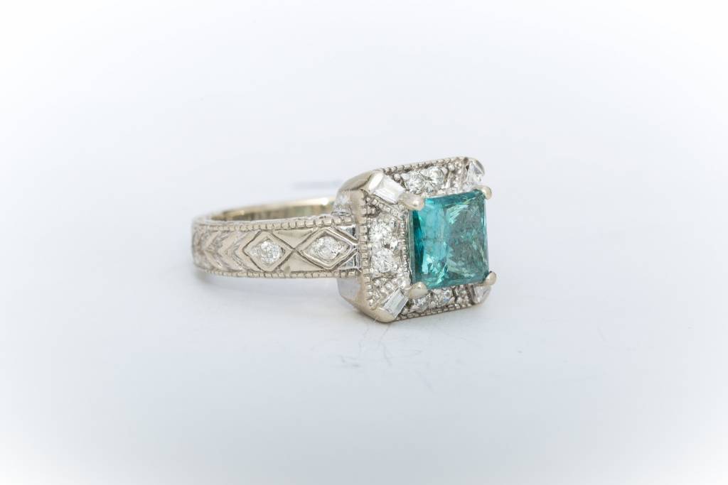 Princess Cut Aquamarine and Diamond Ring White Gold 14k