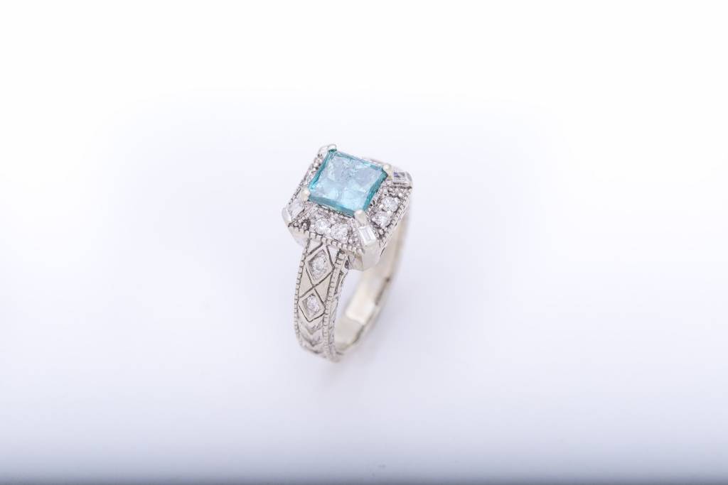 Princess Cut Aquamarine and Diamond Ring White Gold 14k