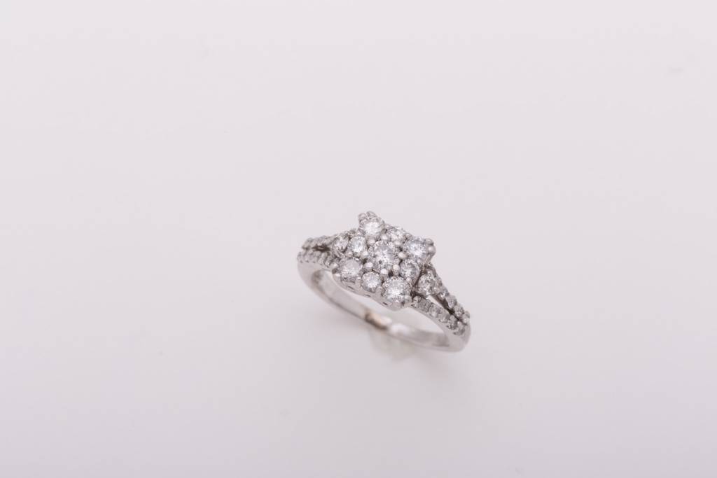 9 Stone Square Cluster White Gold Ring 14k