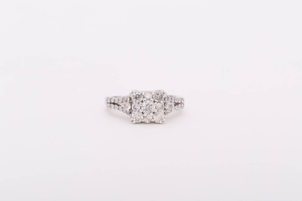 9 Stone Square Cluster White Gold Ring 14k
