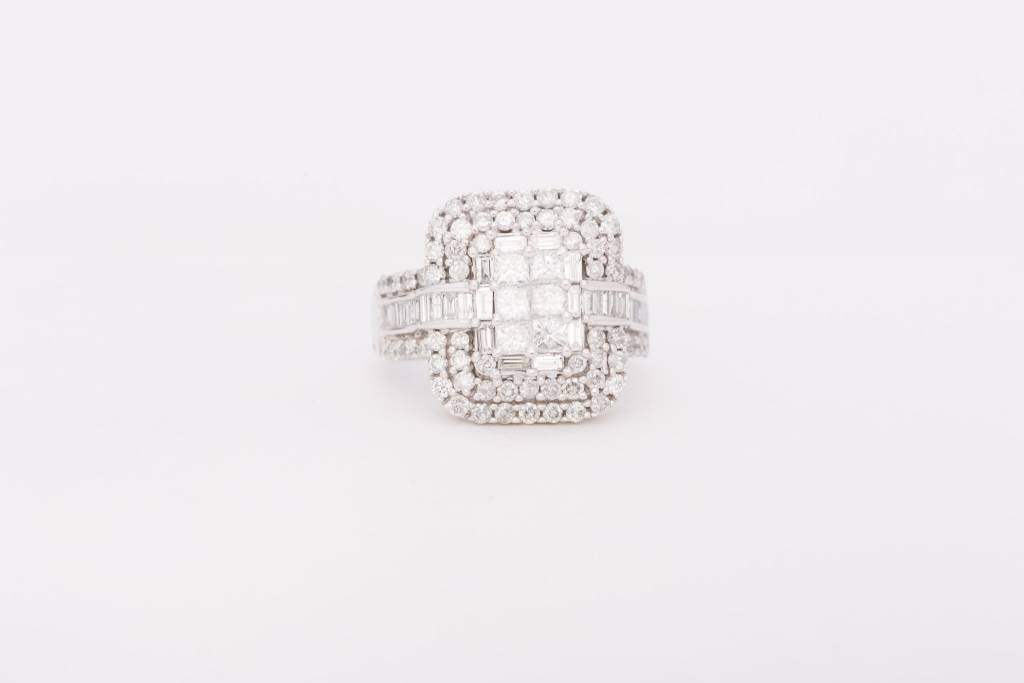 Princess Cut 6 Stone Diamond Rectangle Triple Frame Ring White Gold 14k