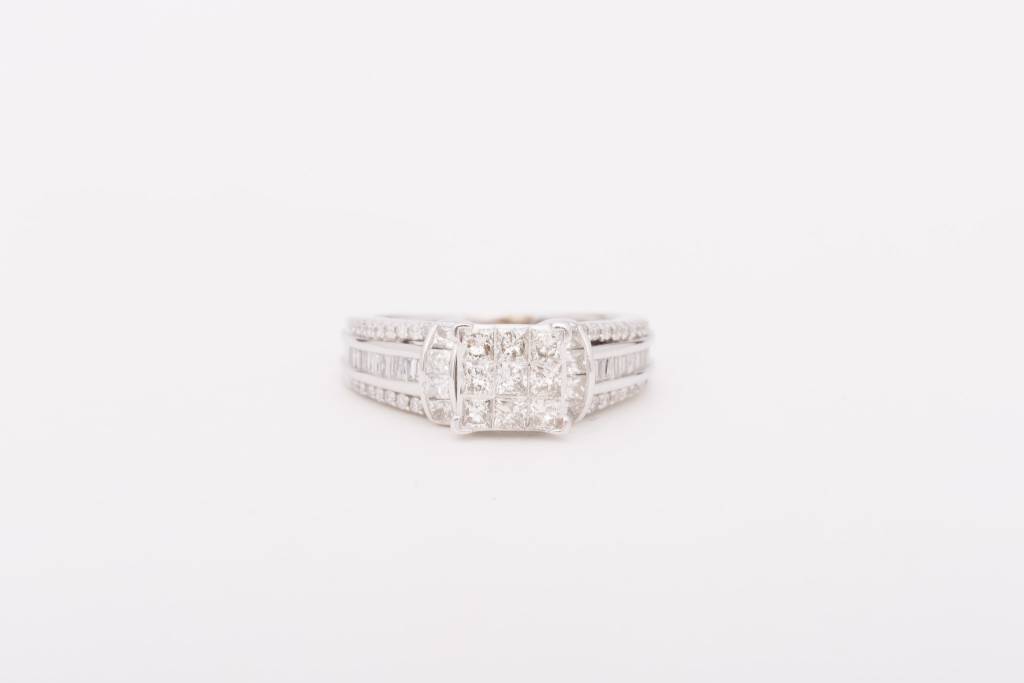 Princess Cut 9 Stone Square White Gold Ring 14k