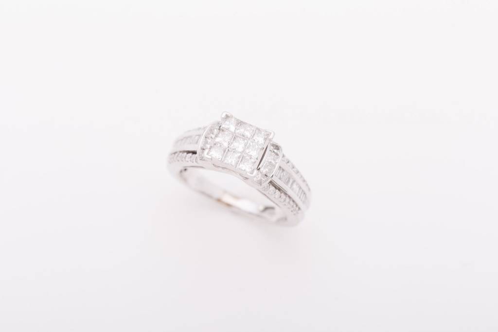 Princess Cut 9 Stone Square White Gold Ring 14k
