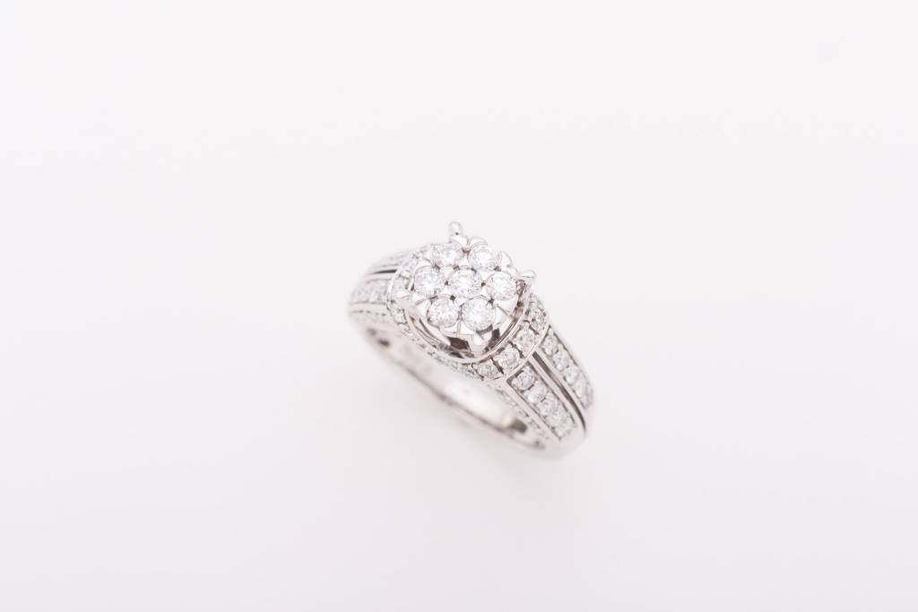 Flower Cluster Engagement Ring White Gold 14k