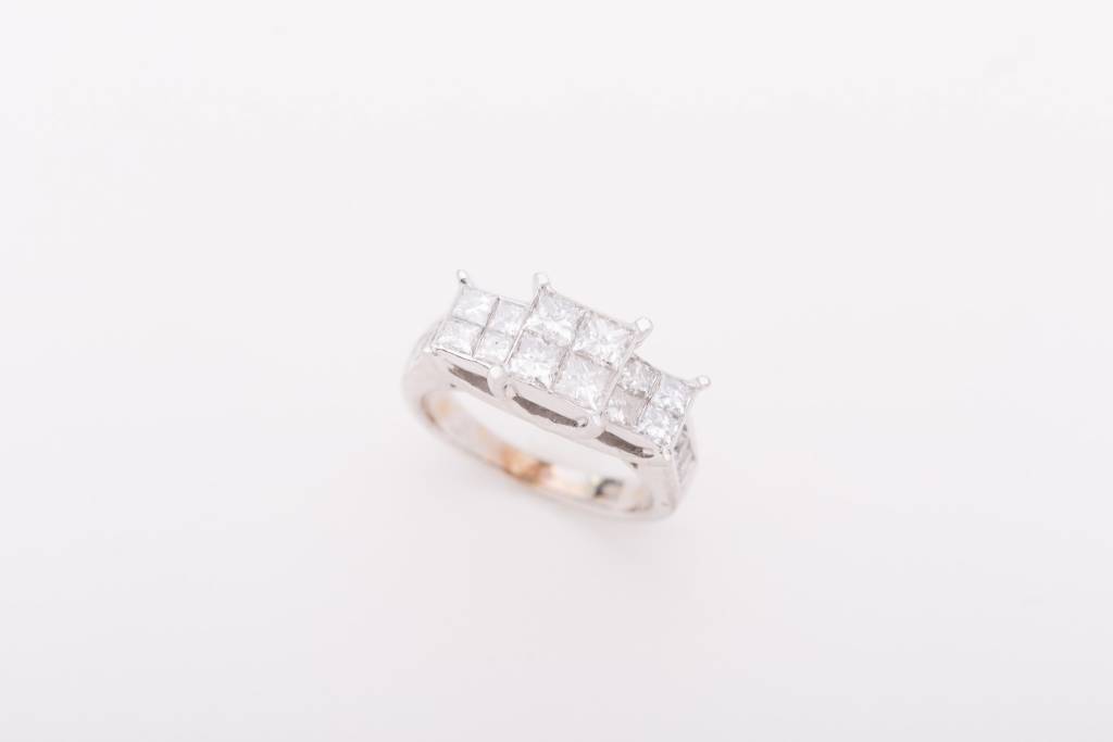 Princes Cut Quad Diamond 3 Stone Ring White Gold 14k