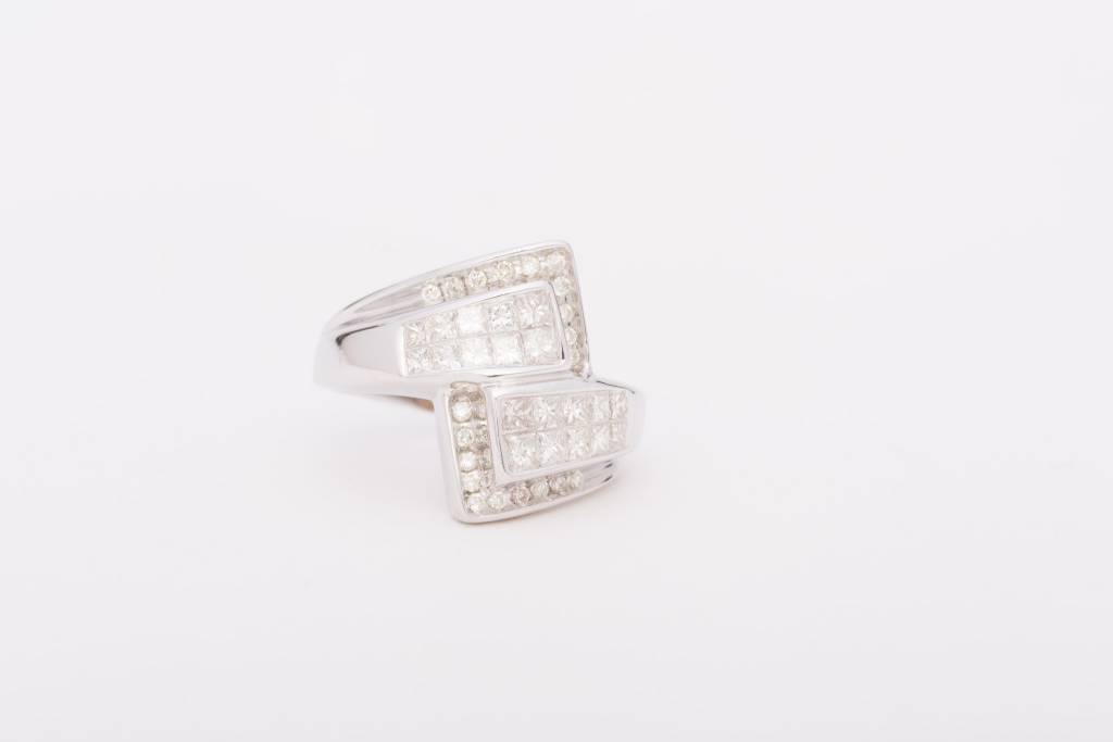 Framed Princess Cut Diamond Bypass Ring White Gold 14k