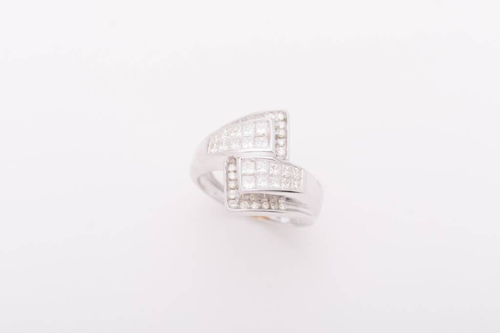 Framed Princess Cut Diamond Bypass Ring White Gold 14k