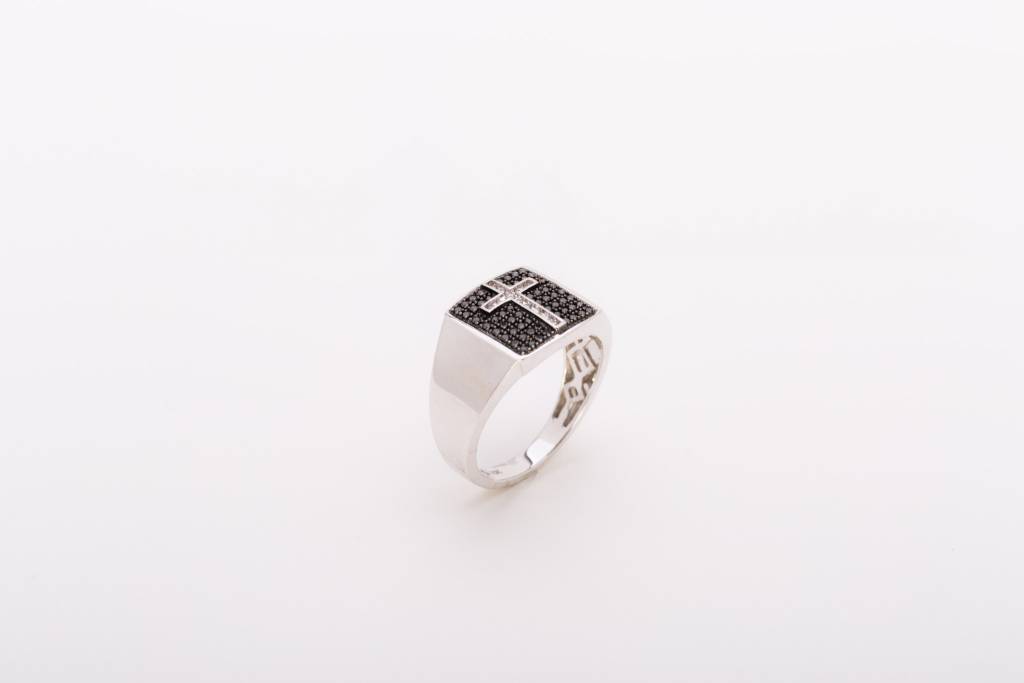 Mens Black and Clear Diamond Cross White Gold 10k
