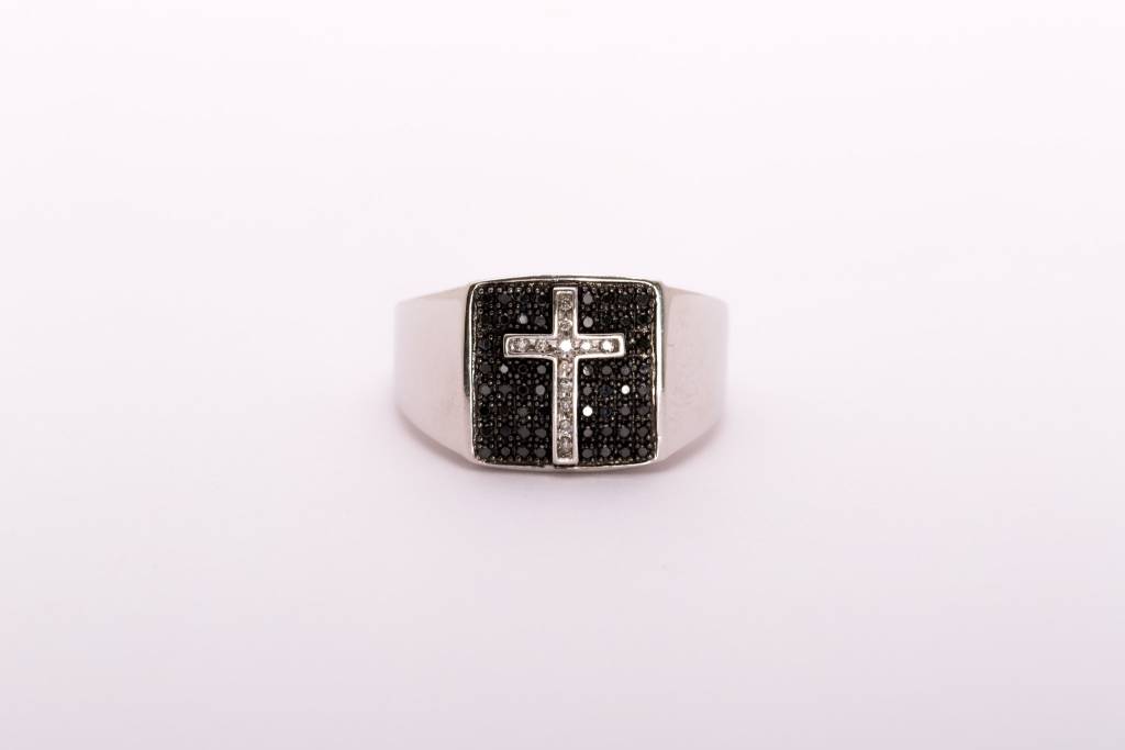 Mens Black and Clear Diamond Cross White Gold 10k