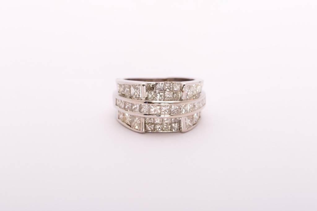 Mens 3 Row Princess Cut Diamond Ring White Gold 18k
