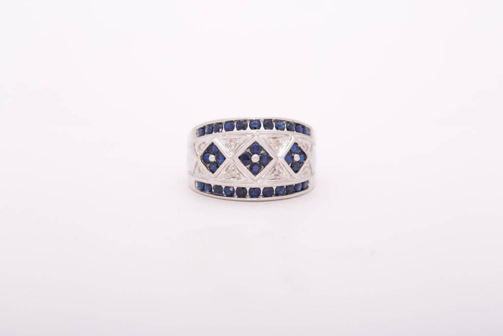 Mens Blue Sapphire and Diamond Ring White Gold 14k