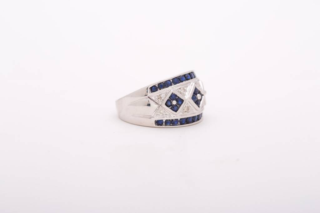 Mens Blue Sapphire and Diamond Ring White Gold 14k
