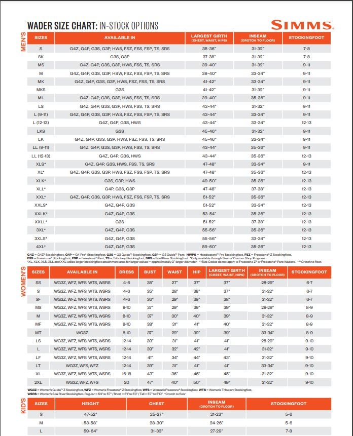 Simms Kid's Stockingfoot Wader Size Chart