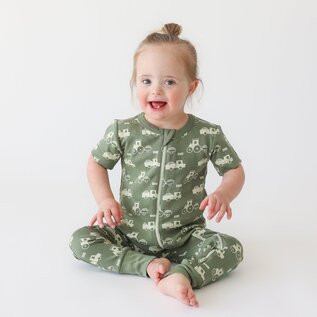 Parade Tractors Print Short Sleeve Zip Romper by Parade
