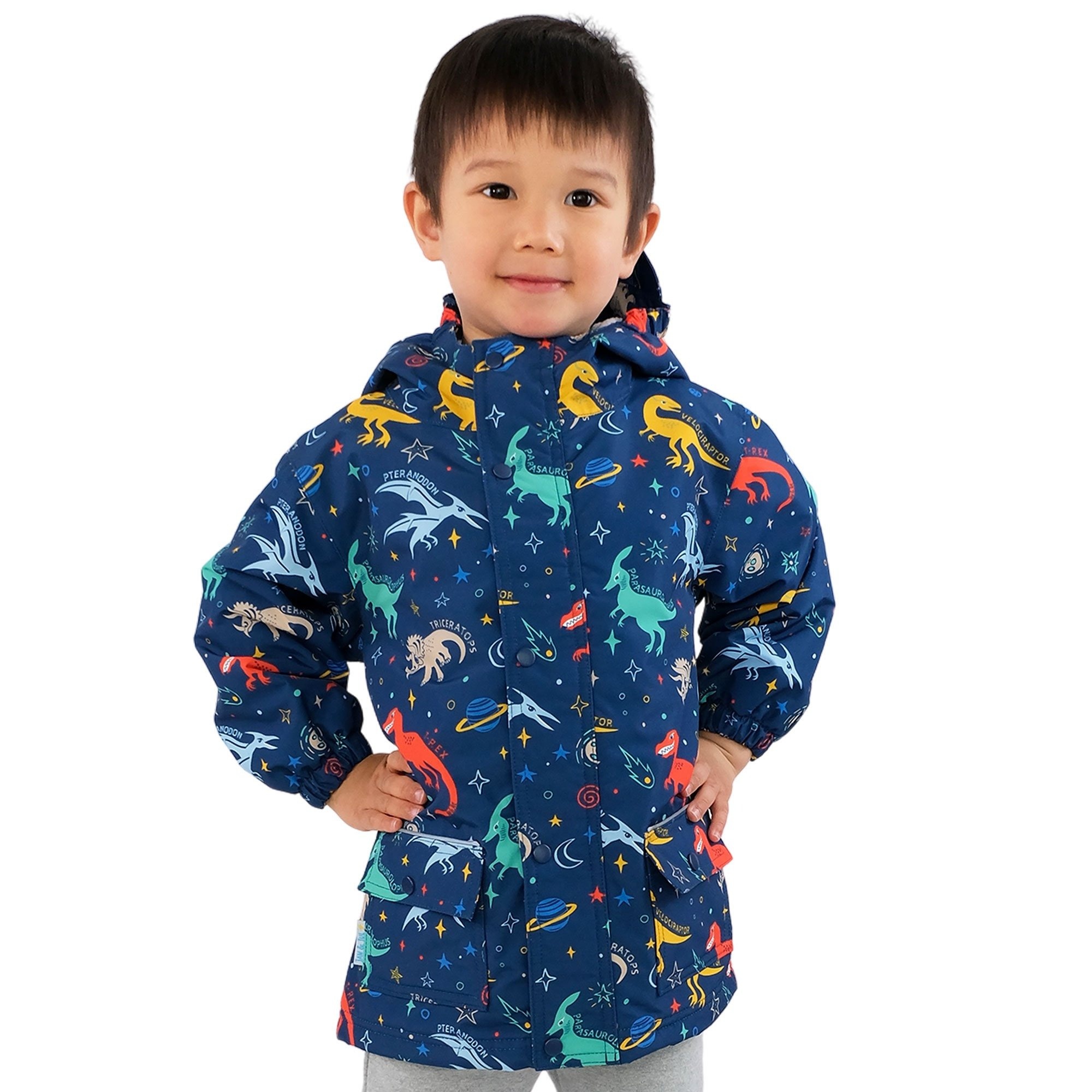 Space Dinos Print Fleece Lined Rain Jacket by Jan Jul