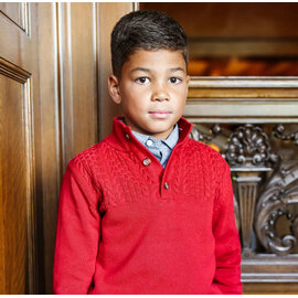 Organic Cotton Red Cable Yoke Mock Neck Sweater