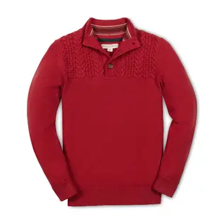 Organic Cotton Red Cable Yoke Mock Neck Sweater