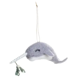 Silver Tree Felt Narwhal Ornament with Mistletoe