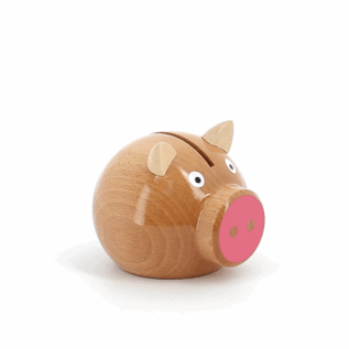 Vilac Wooden Natural + Pink Piggy Bank (Made in France)