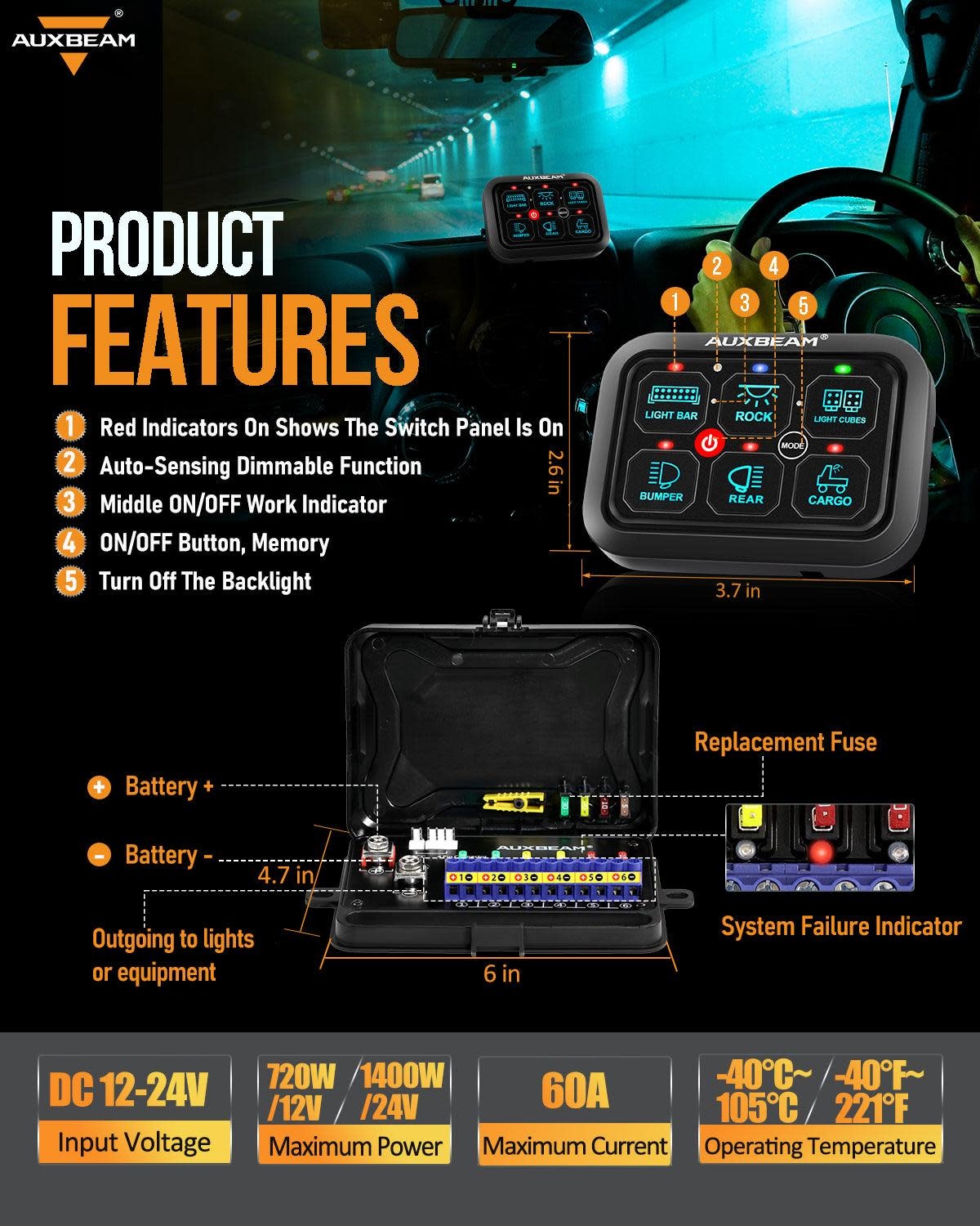 AUXBEAM AUXBEAM - Single Series 6 PANEL Gang LED Switch Panel,Off Road Light Controller