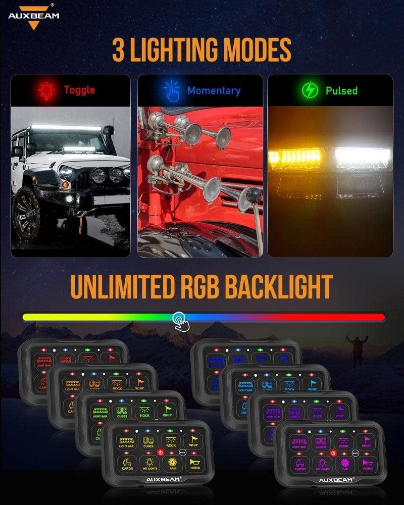 AUXBEAM - RGB AR Series 8 PANEL Gang LED Switch Panel, Off Road Light Controller
