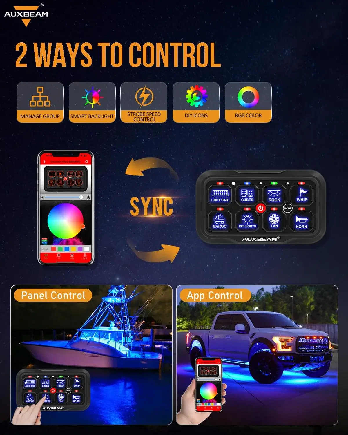 AUXBEAM - RGB AR Series 8 PANEL Gang LED Switch Panel, Off Road Light Controller