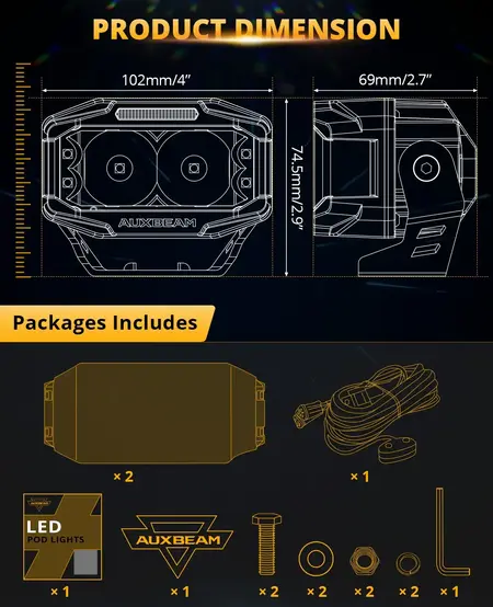 AUXBEAM - V-MAX Series | 4" Spot Beam Side Shooter LED Rectangular Pod Lights (PAIR)
