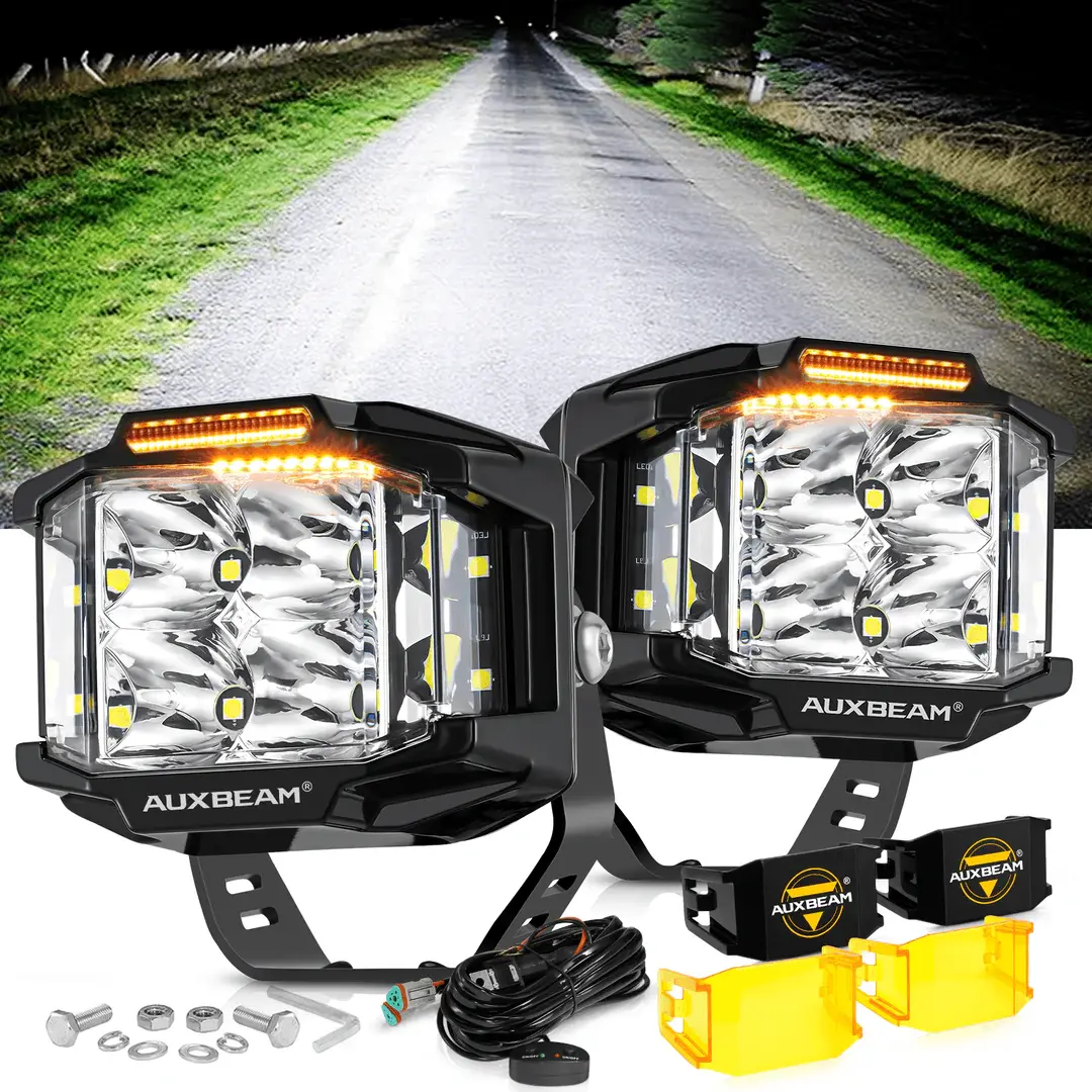 AUXBEAM V-MAX Series | 4 Inch 92W 8960LM Spot Beam Side Shooter LED Square Pod Lights with Amber DRL black covers